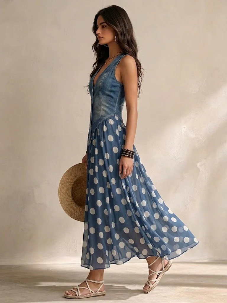 Valérie | Robe Denim Élégante Jupon Chiffon à Pois