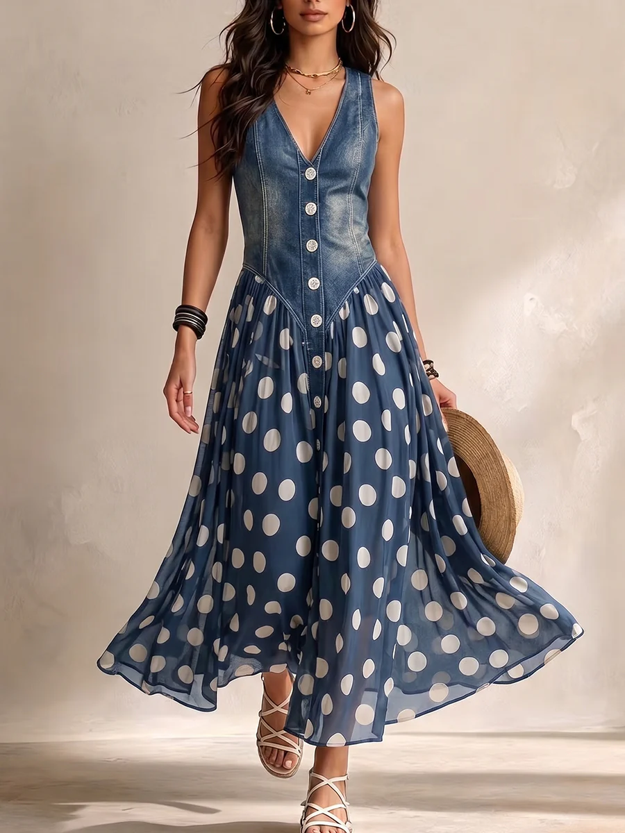Valérie | Robe Denim Élégante Jupon Chiffon à Pois