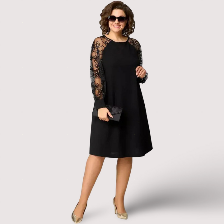 Helena | Robe Noire Élégante Manches en Dentelle