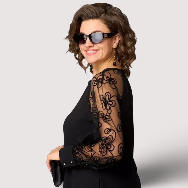 Helena | Robe Noire Élégante Manches en Dentelle