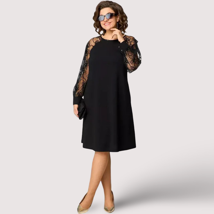 Helena | Robe Noire Élégante Manches en Dentelle